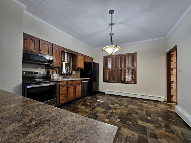 kitchen with a baseboard heating unit, sink, pendant lighting, and black appliances