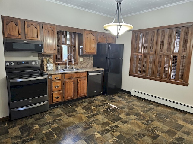 kitchen with tasteful backsplash, black appliances, sink, crown molding, and hanging light fixtures