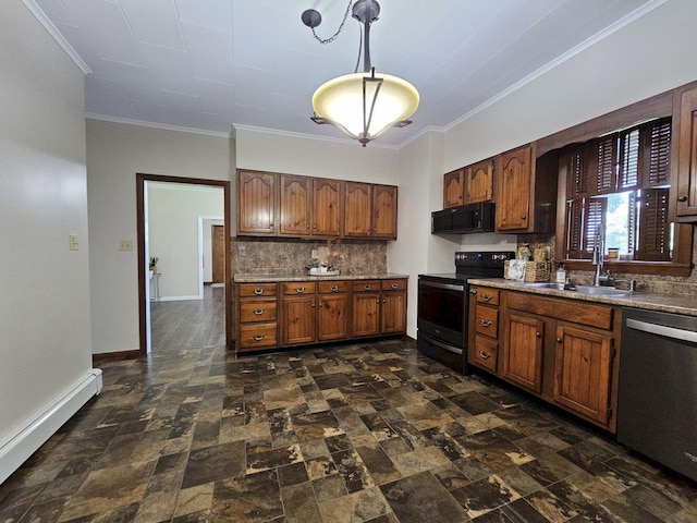 kitchen with a baseboard heating unit, black appliances, hanging light fixtures, crown molding, and sink