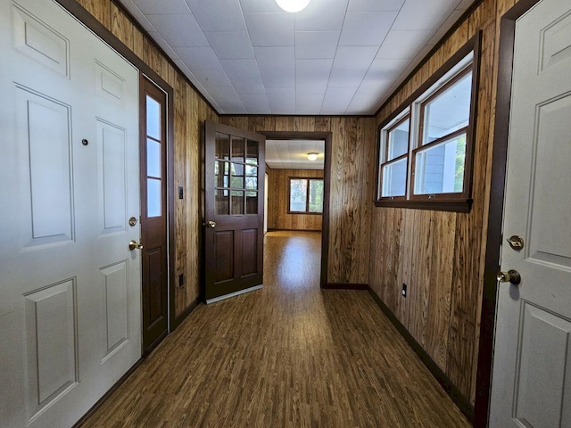 doorway featuring dark hardwood / wood-style floors and wooden walls