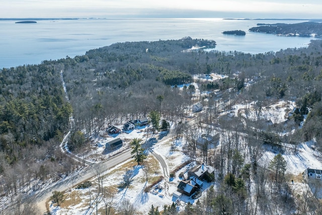 snowy aerial view featuring a water view