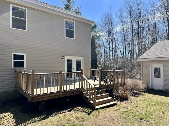 8 Pine Hill Dr, Belfast, ME 04915 - rear view of property featuring a wooden deck, french doors, a yard, and roof with shingles