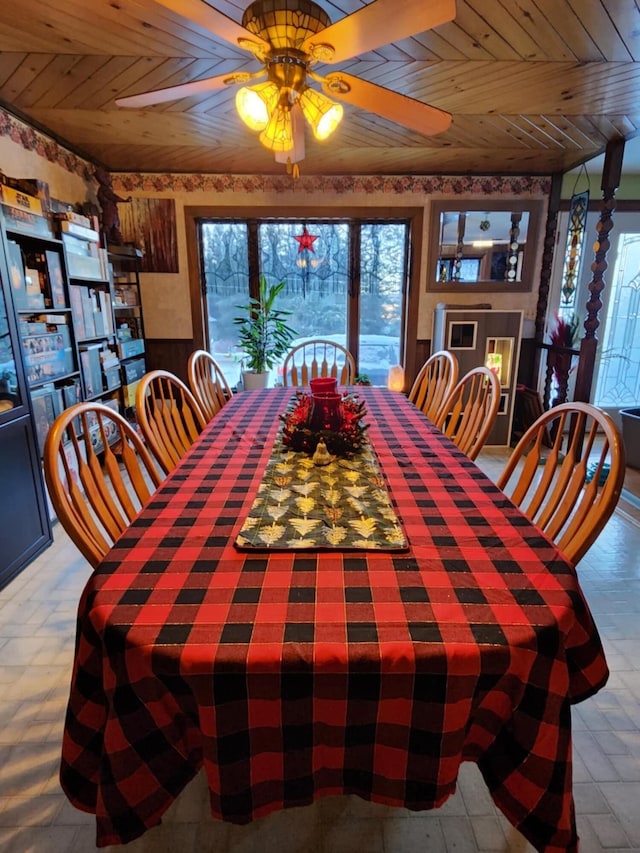 dining area with ceiling fan and wood ceiling