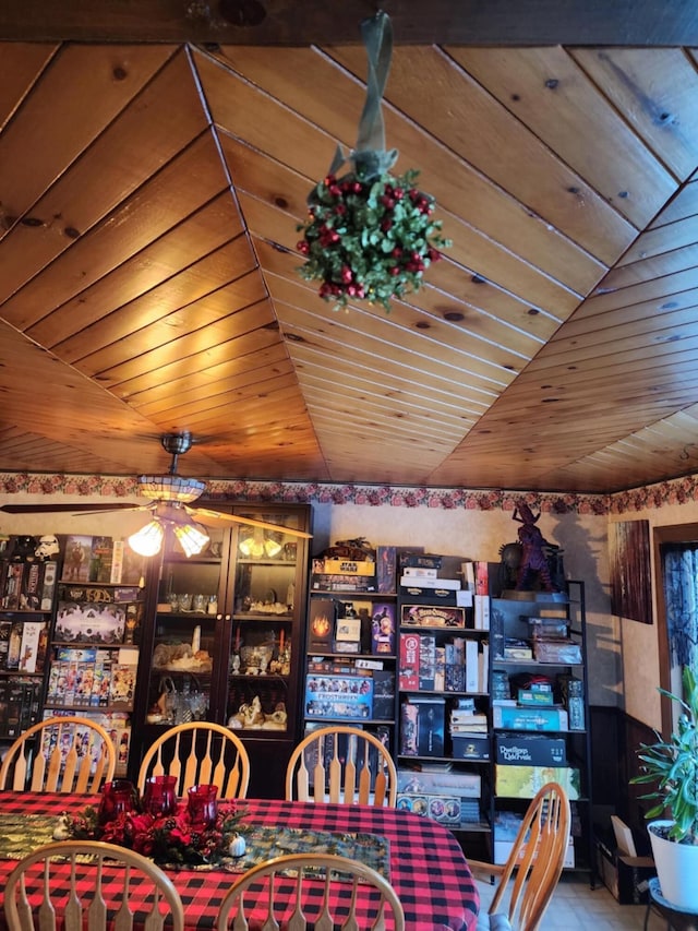 dining space featuring ceiling fan and wood ceiling