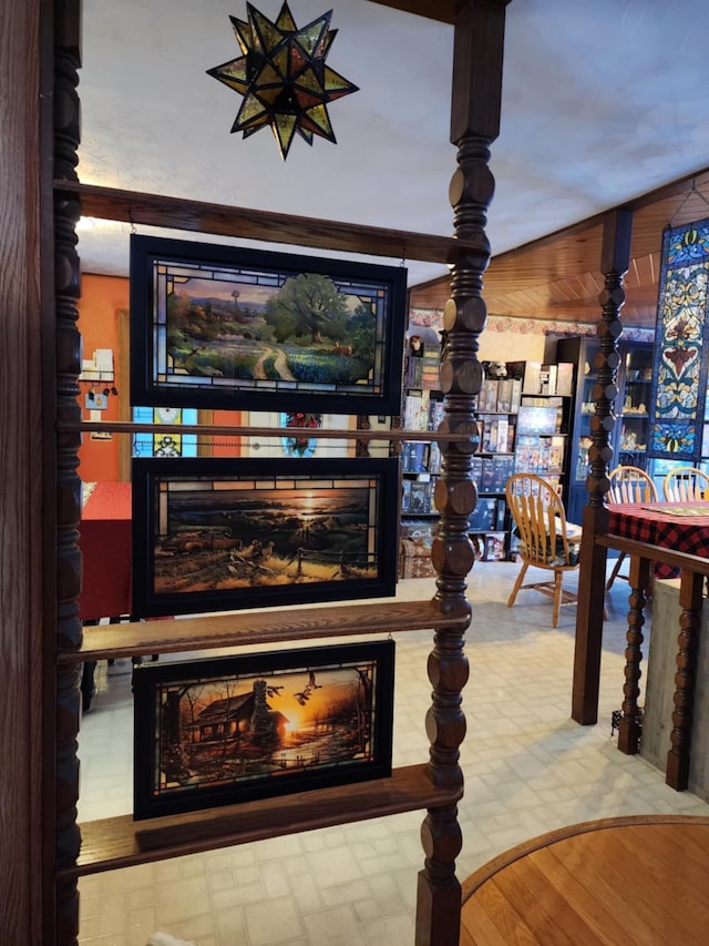 room details featuring wooden walls