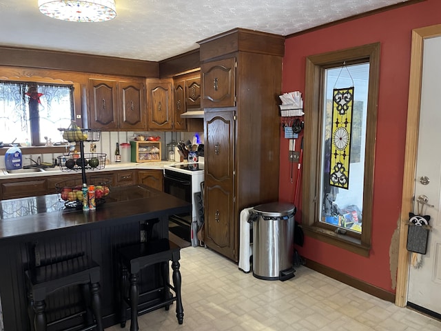 kitchen with a kitchen breakfast bar, electric range, sink, and a textured ceiling