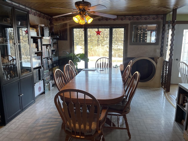 dining area featuring ceiling fan and wood ceiling