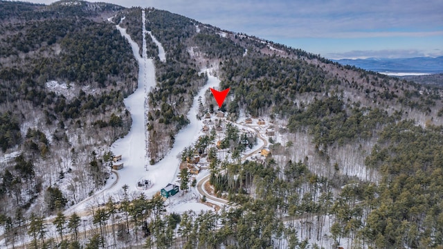 snowy aerial view with a mountain view