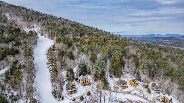 snowy aerial view with a mountain view