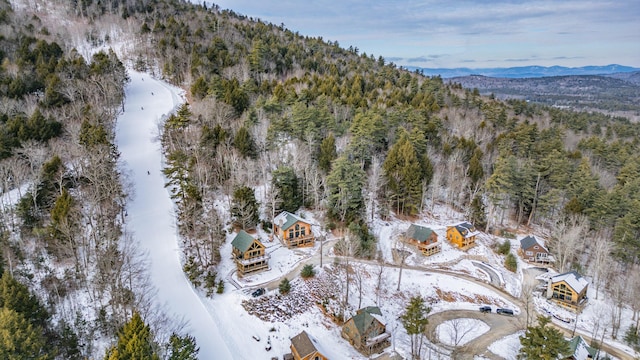 snowy aerial view featuring a mountain view