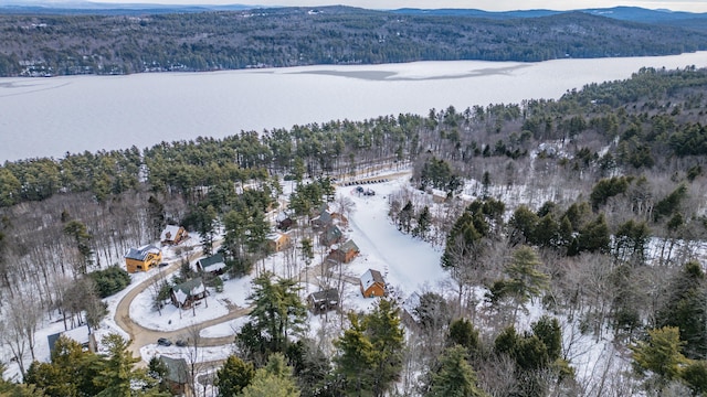 snowy aerial view with a water and mountain view