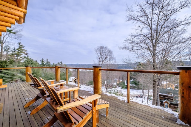 view of snow covered deck