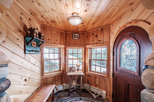 foyer entrance with wood walls and wood ceiling