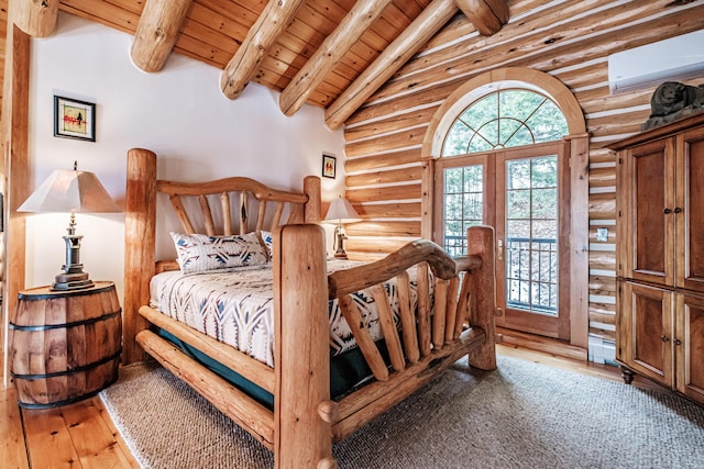 bedroom with wooden ceiling, hardwood / wood-style floors, log walls, and a wall unit AC