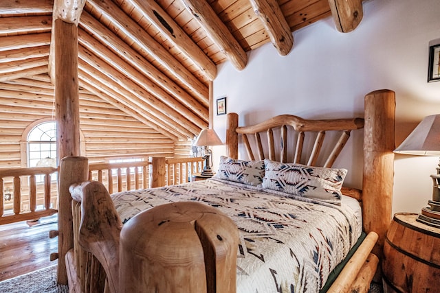 bedroom featuring rustic walls, wood ceiling, and lofted ceiling with beams