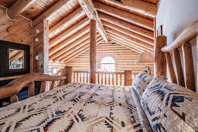 unfurnished bedroom with wood ceiling, log walls, and beamed ceiling