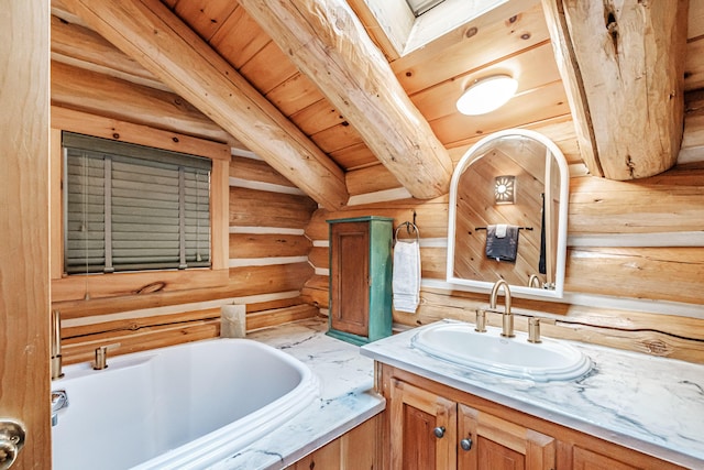 bathroom featuring log walls, wood ceiling, vanity, a tub, and beam ceiling