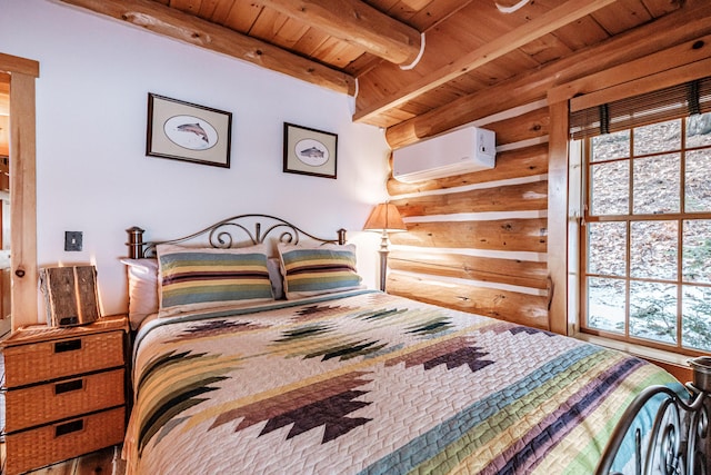 bedroom with a wall unit AC, wooden ceiling, rustic walls, and beam ceiling