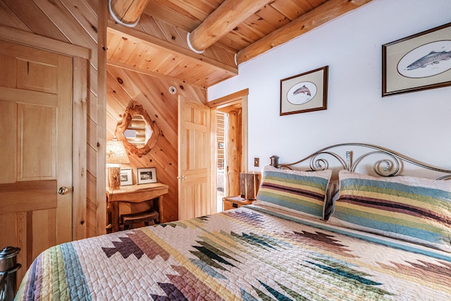 bedroom with beam ceiling, wood ceiling, and wooden walls