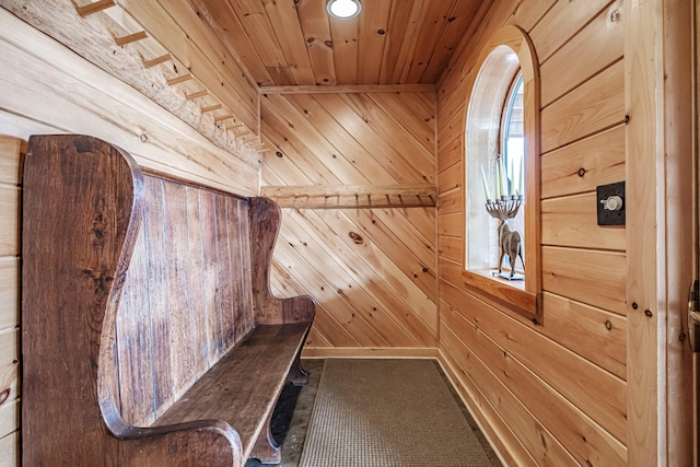 interior space with wood ceiling and wood walls