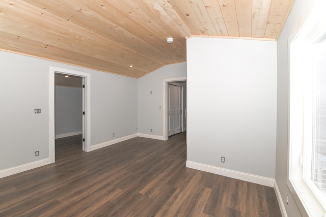 unfurnished room featuring lofted ceiling, dark hardwood / wood-style floors, and wood ceiling