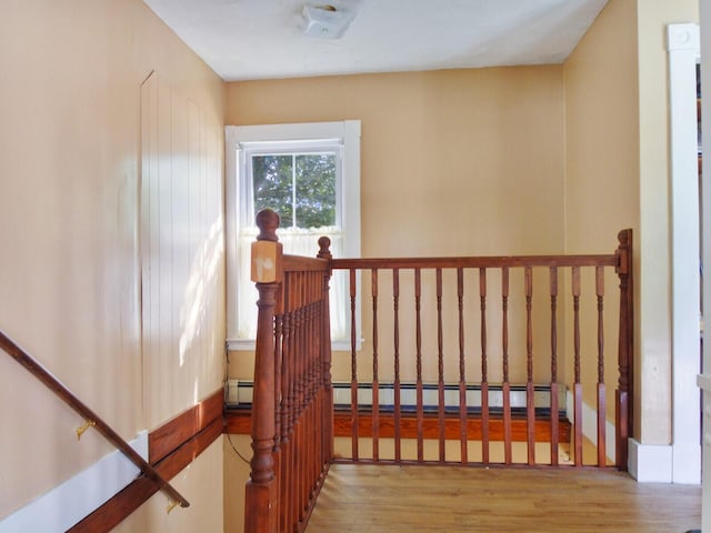 staircase with hardwood / wood-style floors