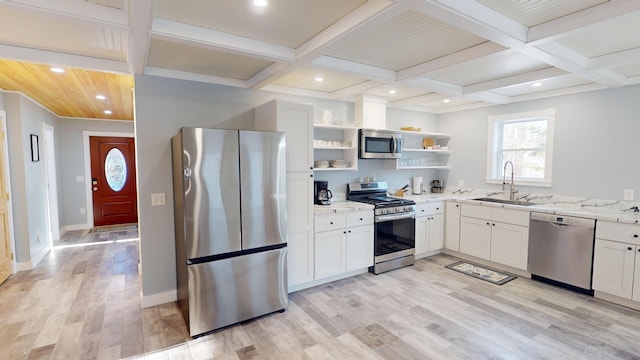 kitchen featuring light wood-type flooring, stainless steel appliances, white cabinetry, and sink