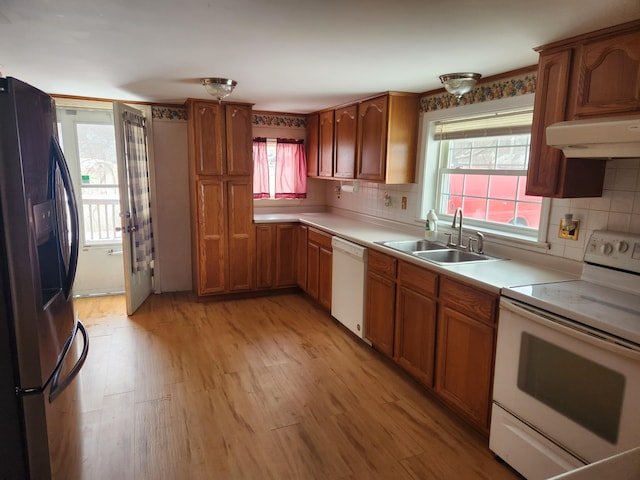 kitchen featuring tasteful backsplash, white appliances, sink, and light wood-type flooring