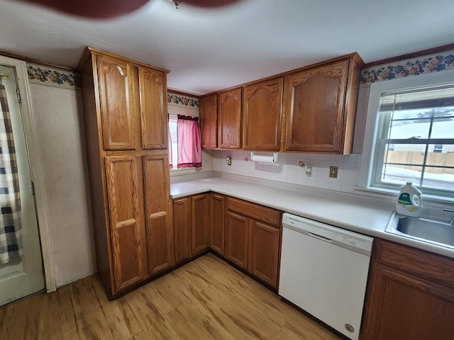 kitchen featuring white dishwasher, sink, decorative backsplash, and light hardwood / wood-style floors