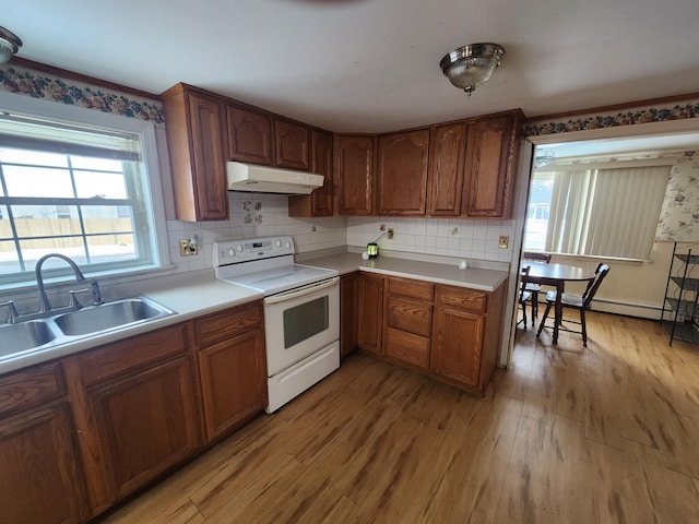 kitchen with backsplash, white electric range, sink, and light wood-type flooring