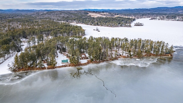 snowy aerial view featuring a mountain view