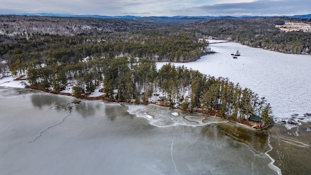 snowy aerial view with a mountain view