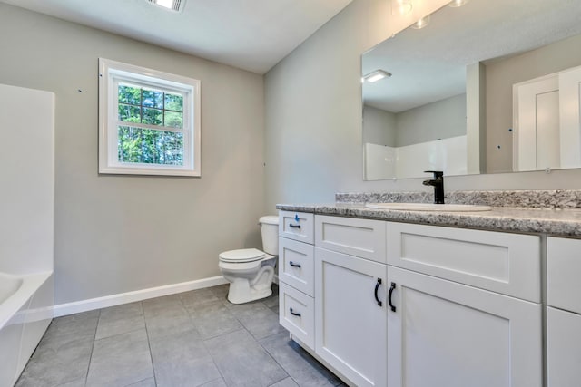 full bathroom featuring toilet, shower / tub combination, tile patterned flooring, and vanity