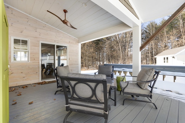 snow covered deck with ceiling fan