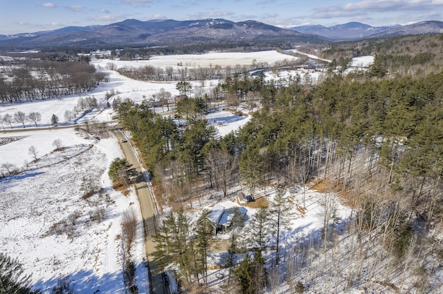 snowy aerial view with a mountain view