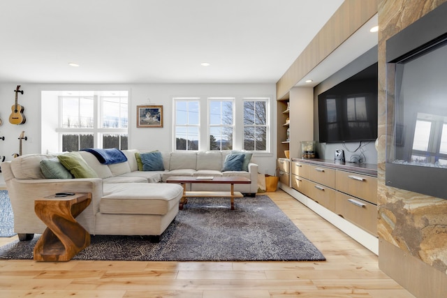 living room with built in shelves, light hardwood / wood-style flooring, and a wealth of natural light