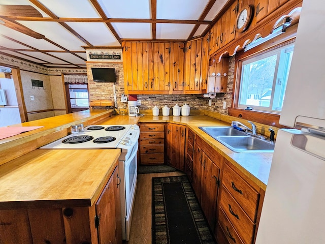 kitchen featuring kitchen peninsula, white electric range, dark hardwood / wood-style flooring, and sink