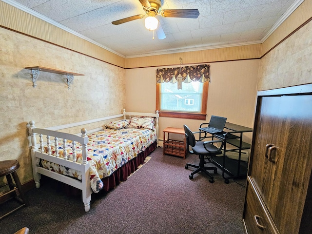 bedroom with ceiling fan, carpet flooring, and crown molding