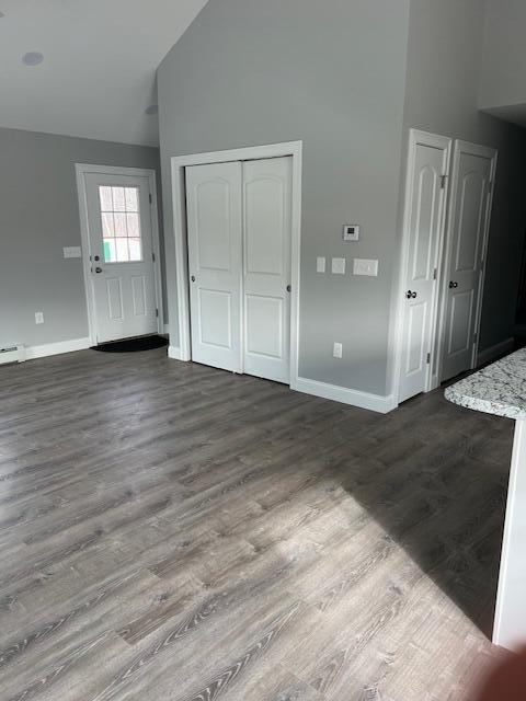 interior space featuring high vaulted ceiling, dark wood-type flooring, and baseboard heating