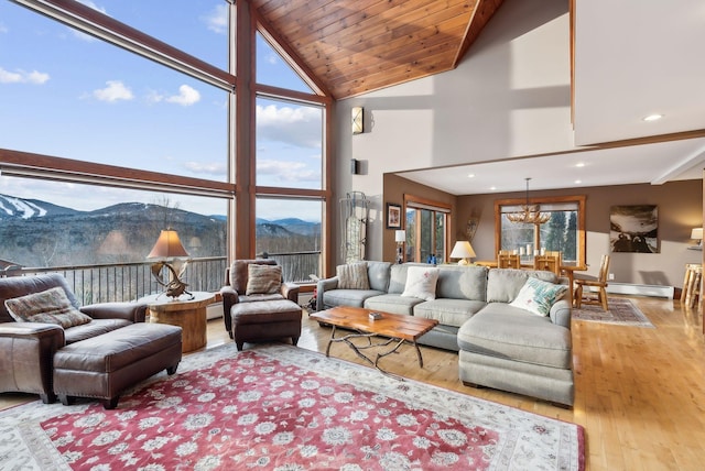 living room featuring wood-type flooring, a wealth of natural light, a mountain view, and a baseboard heating unit