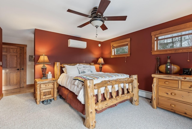 carpeted bedroom featuring ceiling fan, an AC wall unit, and a baseboard radiator