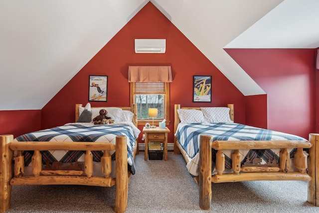 carpeted bedroom featuring lofted ceiling and a wall mounted AC