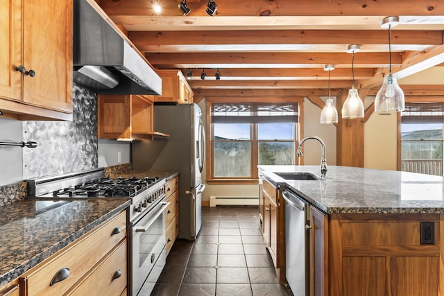 kitchen featuring exhaust hood, stainless steel appliances, sink, hanging light fixtures, and a kitchen island with sink