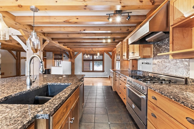 kitchen with pendant lighting, appliances with stainless steel finishes, exhaust hood, dark stone countertops, and sink