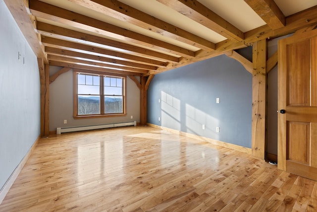 interior space with light hardwood / wood-style flooring, beamed ceiling, and a baseboard radiator