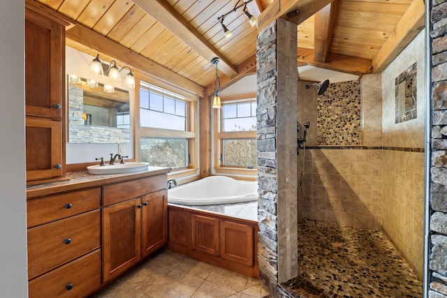 bathroom with tile patterned flooring, wood ceiling, separate shower and tub, and vanity