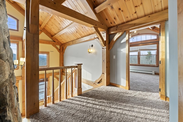 corridor featuring a baseboard heating unit, wooden ceiling, carpet, high vaulted ceiling, and beamed ceiling