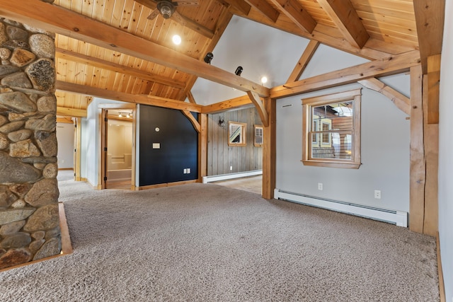 unfurnished living room with wooden ceiling, vaulted ceiling with beams, a baseboard heating unit, and carpet flooring