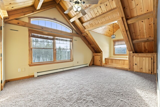 bonus room with carpet, a healthy amount of sunlight, baseboard heating, and lofted ceiling with beams