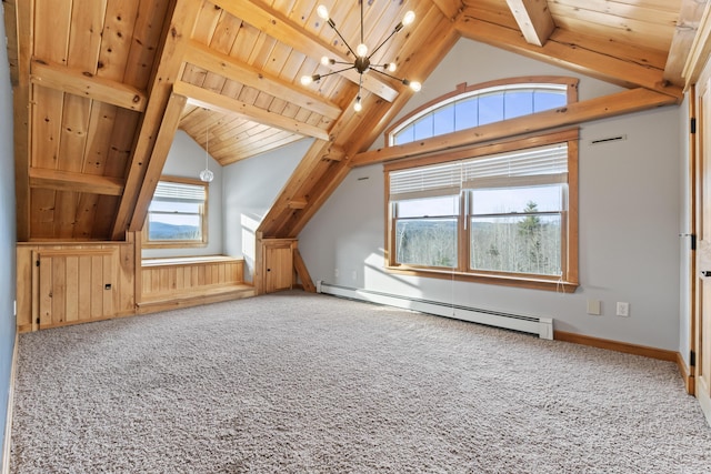 bonus room with a baseboard heating unit, vaulted ceiling with beams, a chandelier, and carpet floors